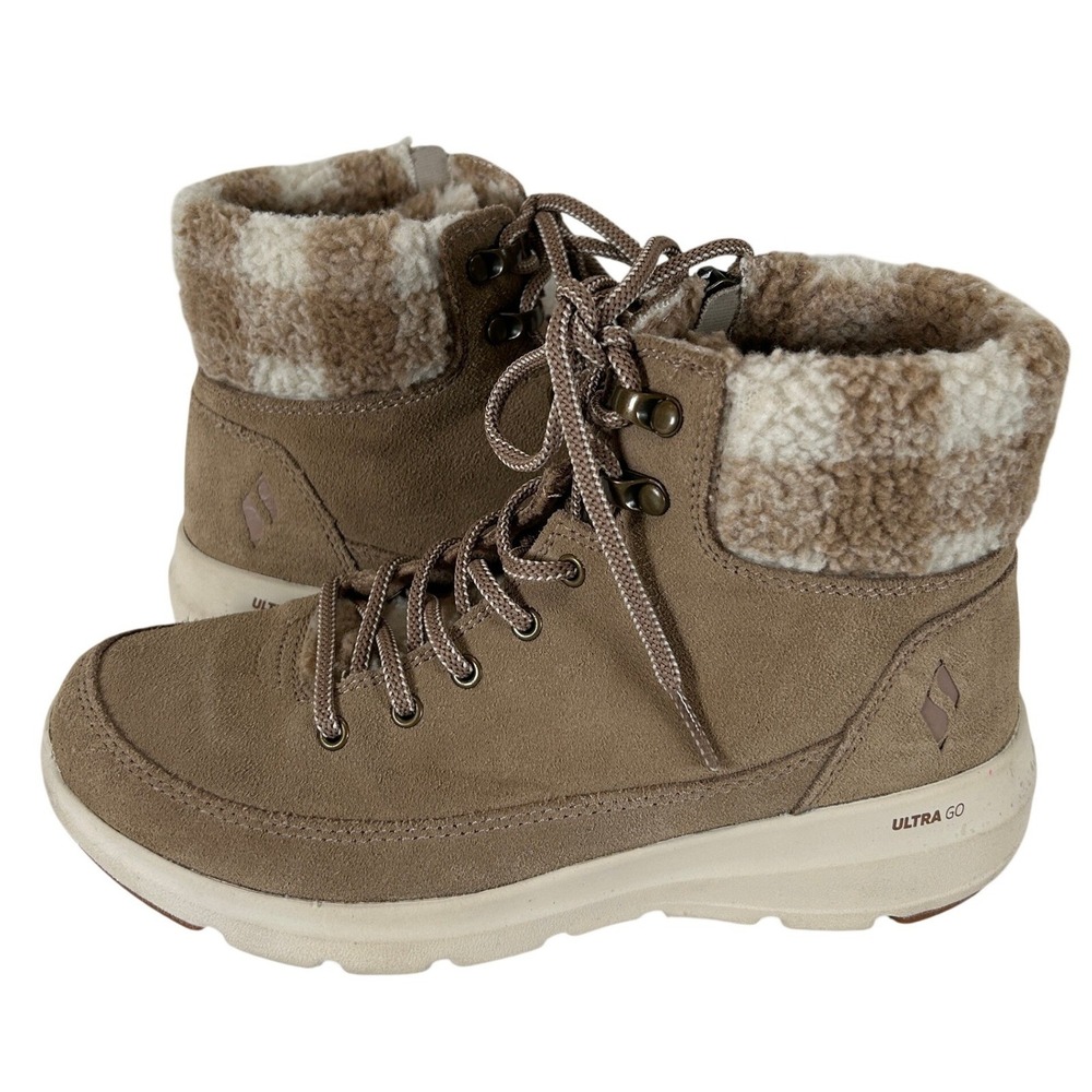 Skechers On-The-Go Joy Taupe Suede Faux Fur Plaid Ankle Boots Womens 8.5 144043